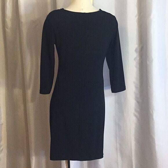 Black 3/4 sleeve dress w/ cowl neck, side pleats - Picture 9 of 12